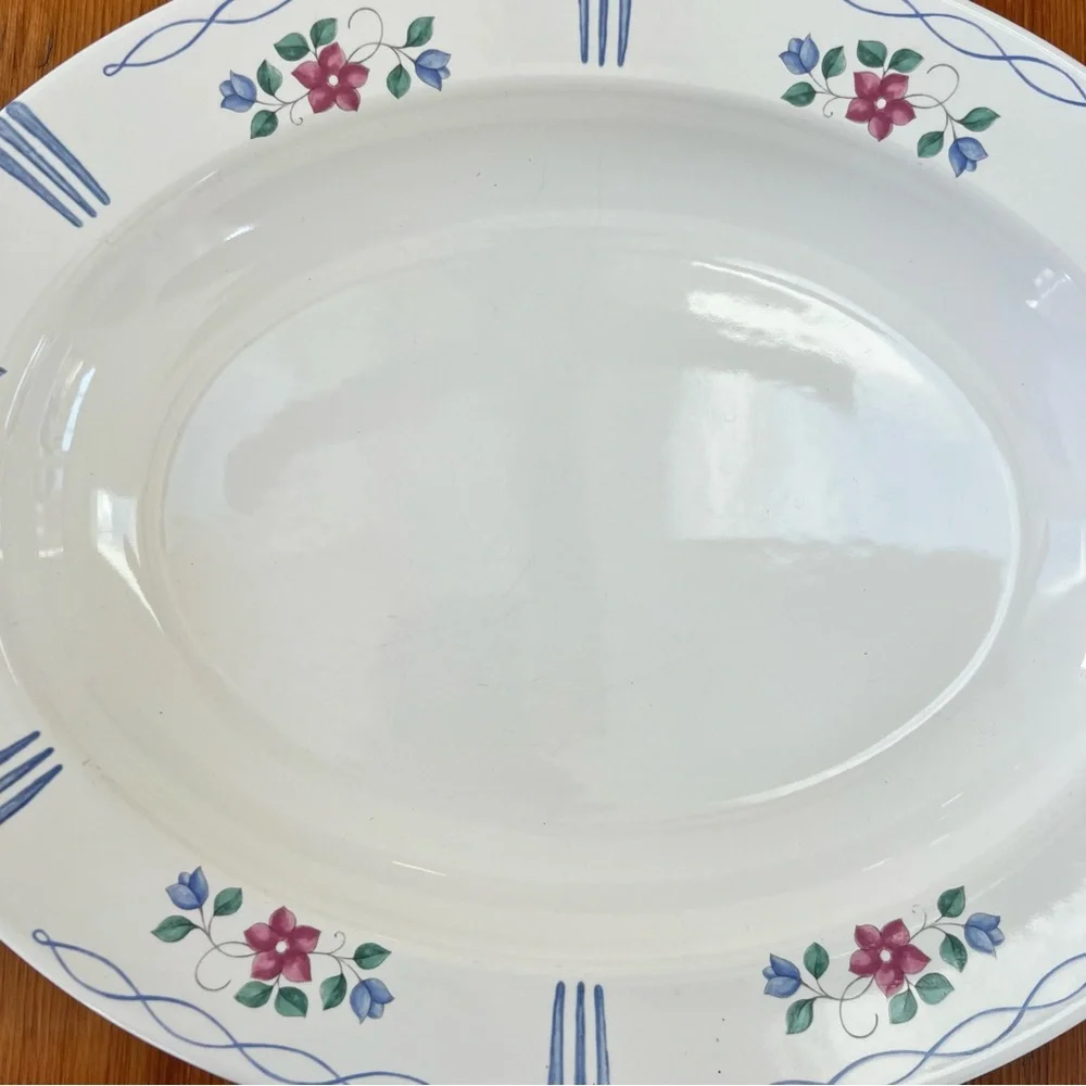 Pfaltzgraff Stoneware Vtg Bonnie Brae Deep Serving Platter White Blue Floral